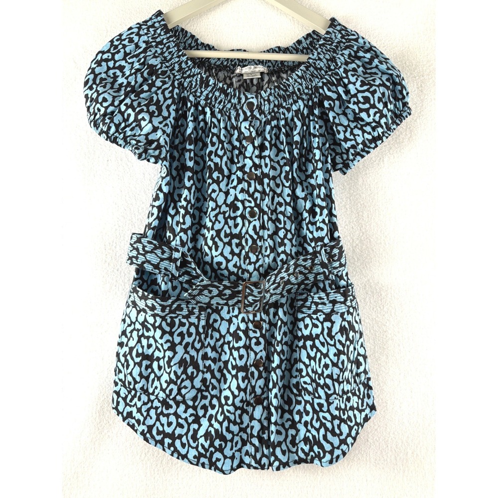Alberto Makali Blue Leopard Print Linen Blend Belted Tunic Top Size 6